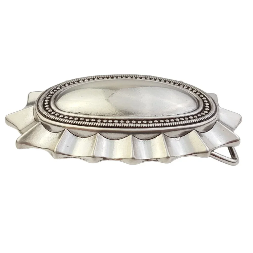 Quality Western Silver Oval Buckle with Ruffled Trim - Picture 3 of 5